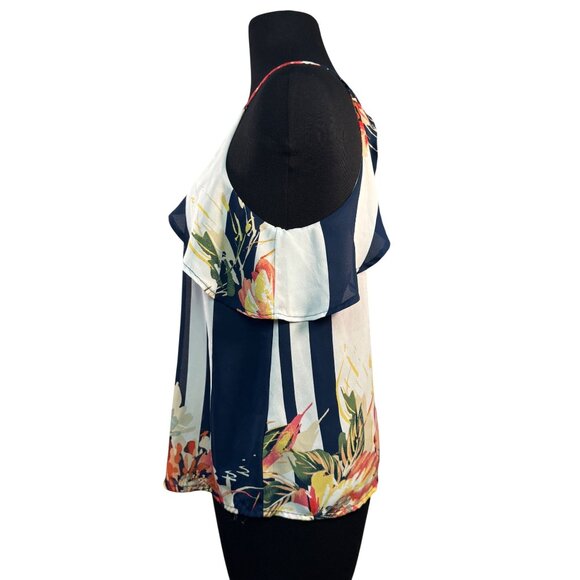 Lily Rose Striped Floral Halter Top With Ruffle Detail & Tie Back - Picture 3 of 8